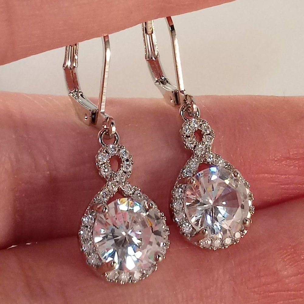 Silver Plated Layered Infinity 8 Diamond Zircon Dangle Earrings 2.75ctw ea Gift